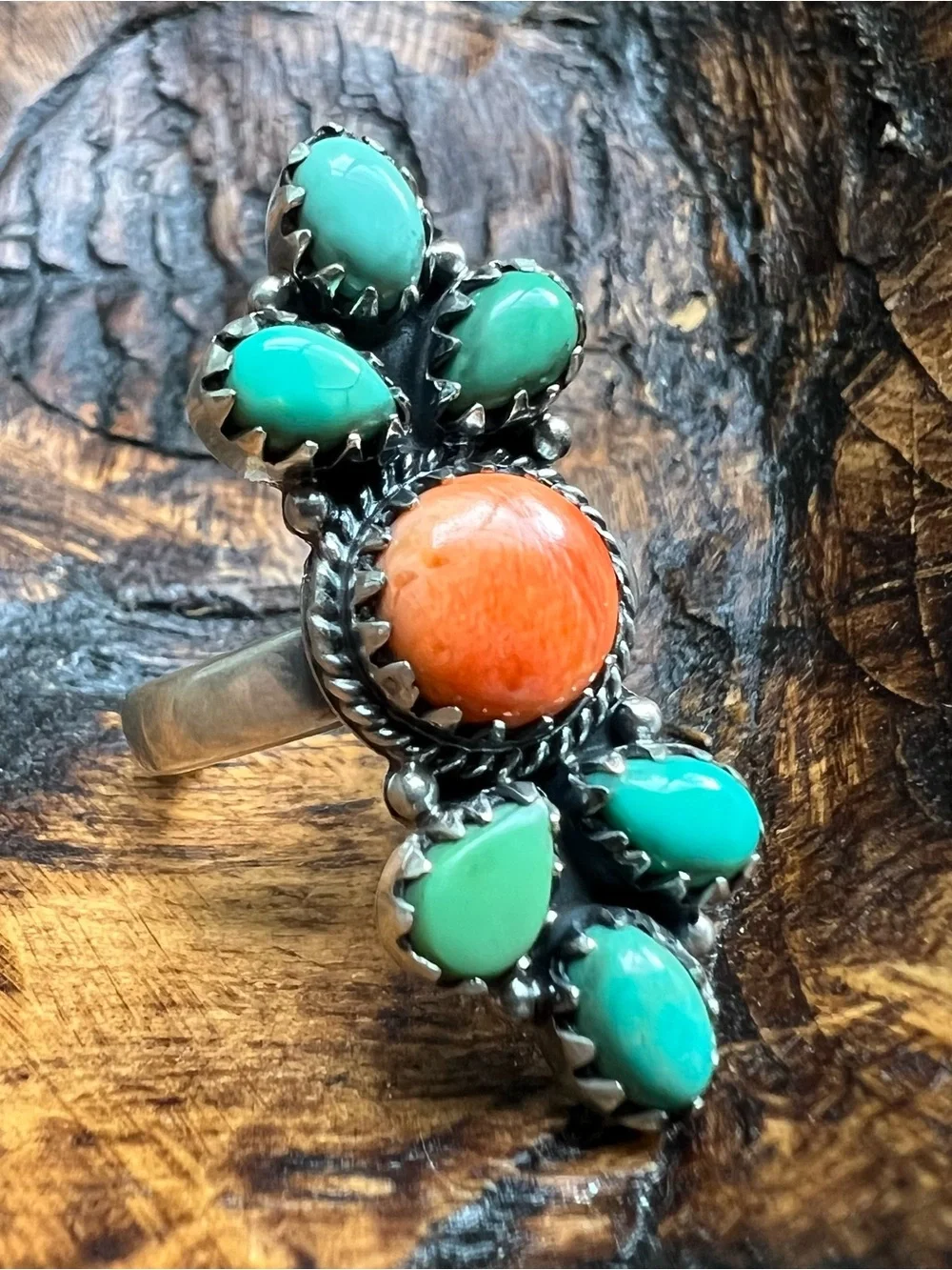 Sterling Silver Spiny Oyster Turquoise Cluster Ring Adjustable Size 9